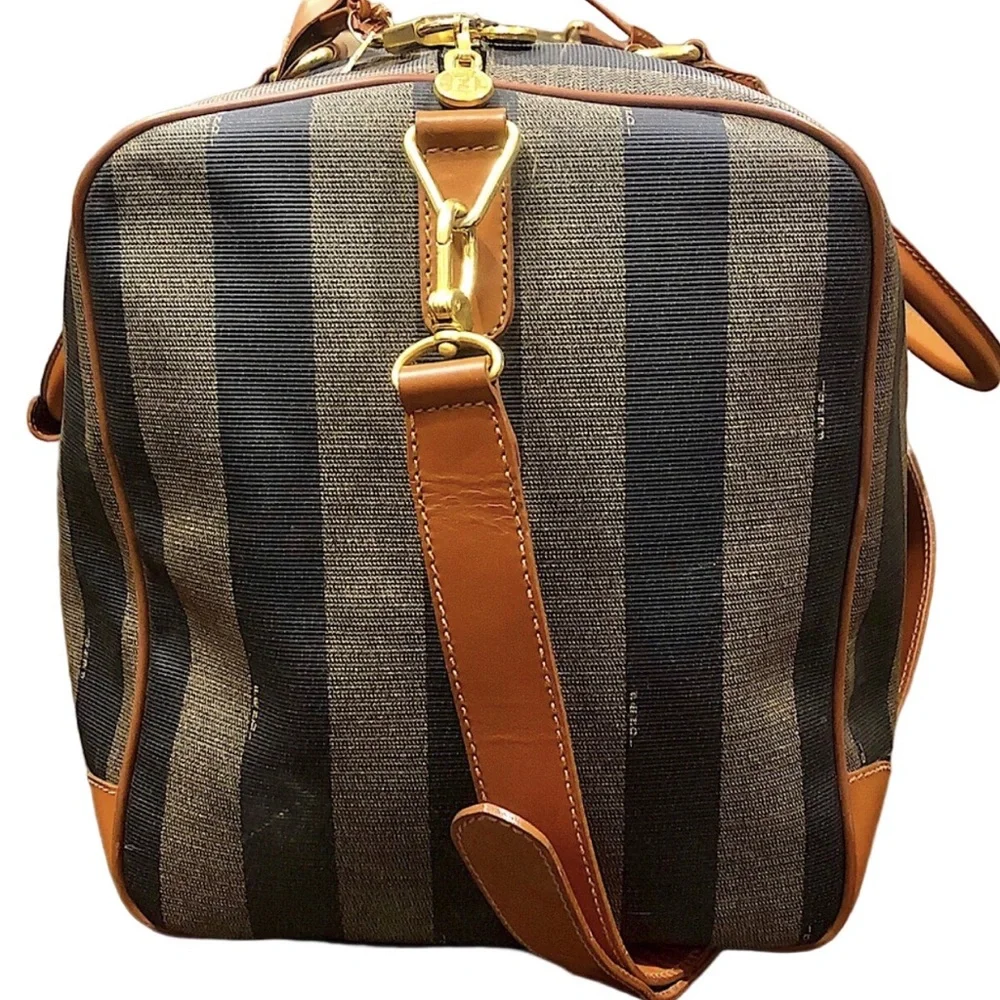 FENDI Pequin Pecan Striped Bandolier Boston Travel Bag w FENDI Shoulder Strap